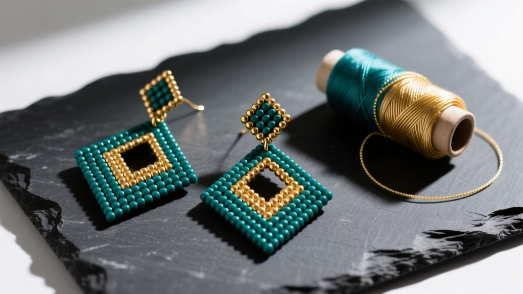 Flat lay of geometric brick stitch beaded earrings in matte teal and gold on dark slate next to a spool of beading thread