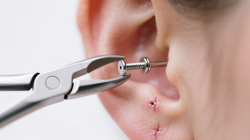 Sterile hemostats holding an internally threaded flat back earring post in a healed earlobe piercing under bright clinical lighting.