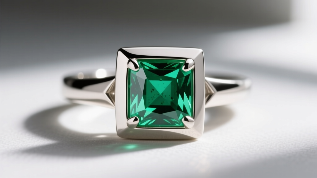 Macro photo of a 14k palladium white gold bezel setting securely holding a square-cut emerald birthstone with chamfered corners.