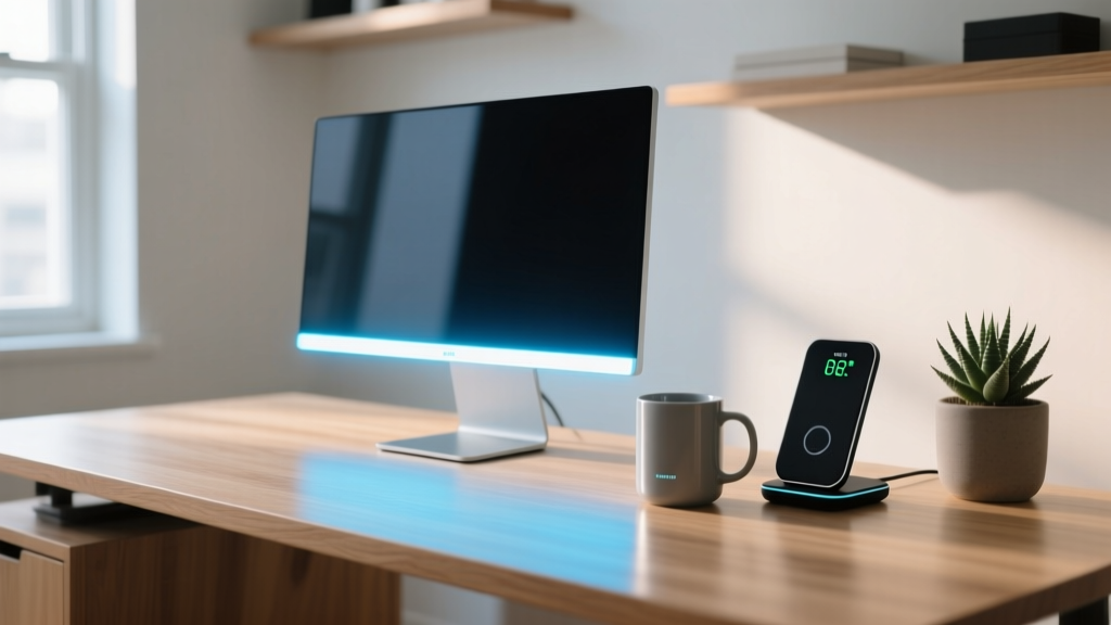 Modern home office desk featuring a glowing monitor light bar, smart mug, and sleek wireless charging stand neatly arranged