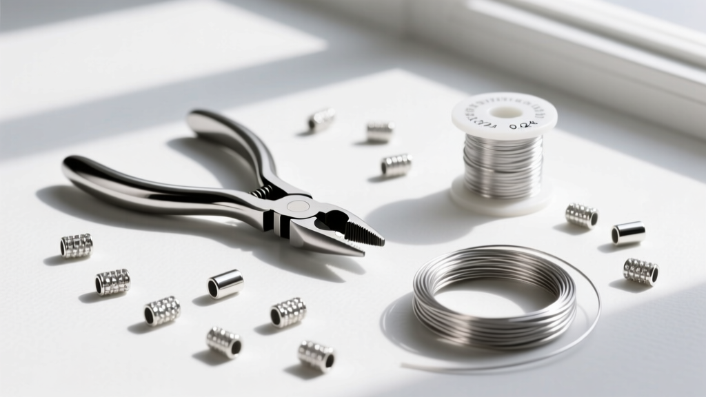 Flat lay of jewelry tools including micro crimping pliers, a spool of 0.024 inch steel wire, and small silver tube crimp beads.