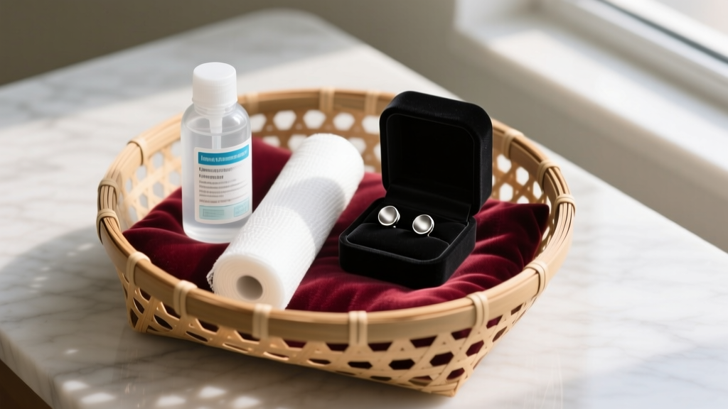 Woven basket holding sterile wound wash, non-woven gauze, and a velvet box containing polished titanium flat-back stud earrings.