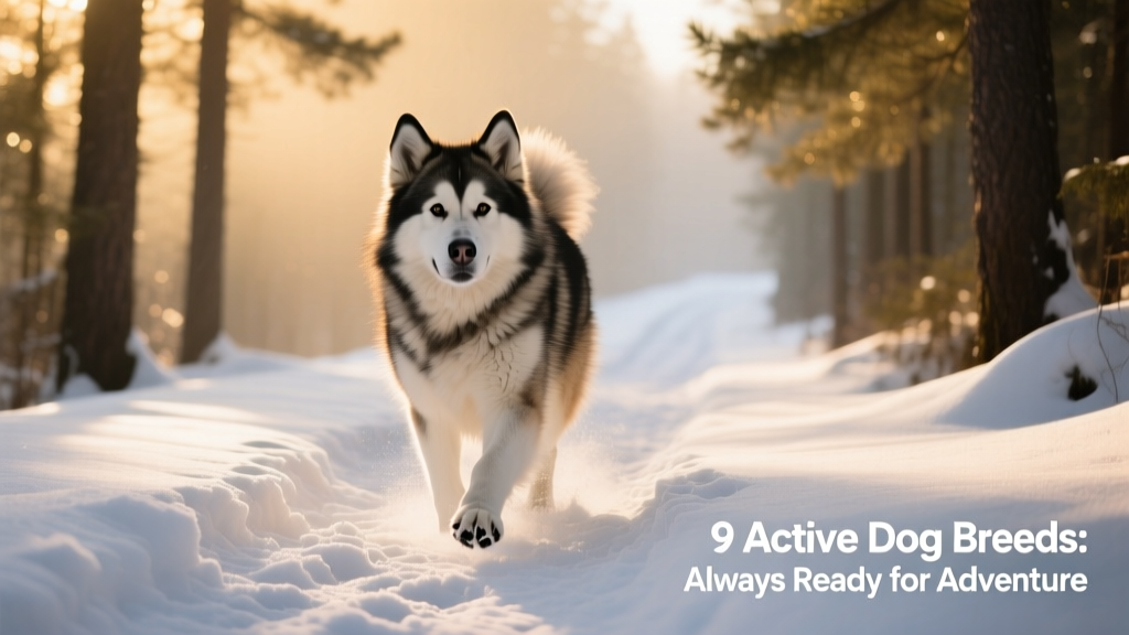 Alaskan Malamute running confidently through deep snow on a forest trail