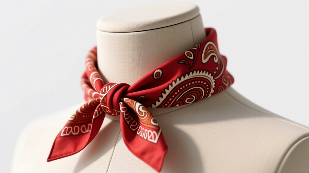 Close-up of a red paisley cotton bandana tied in a square knot choker around a mannequin neck, soft studio lighting