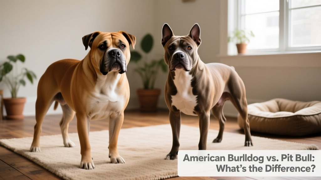 Side-by-side comparison photo highlighting differences in head structure and overall build between an American Bulldog and an American Pit Bull Terrier