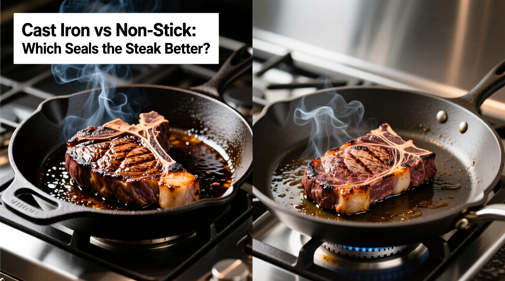 cast iron skillet vs non stick pan which sears steak better without smoke