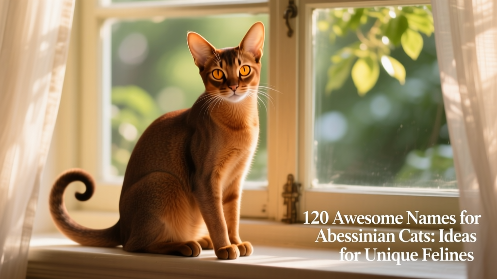 A sleek, russet-colored Abyssinian cat sitting alertly on a sunlit windowsill, ears perked and tail curled