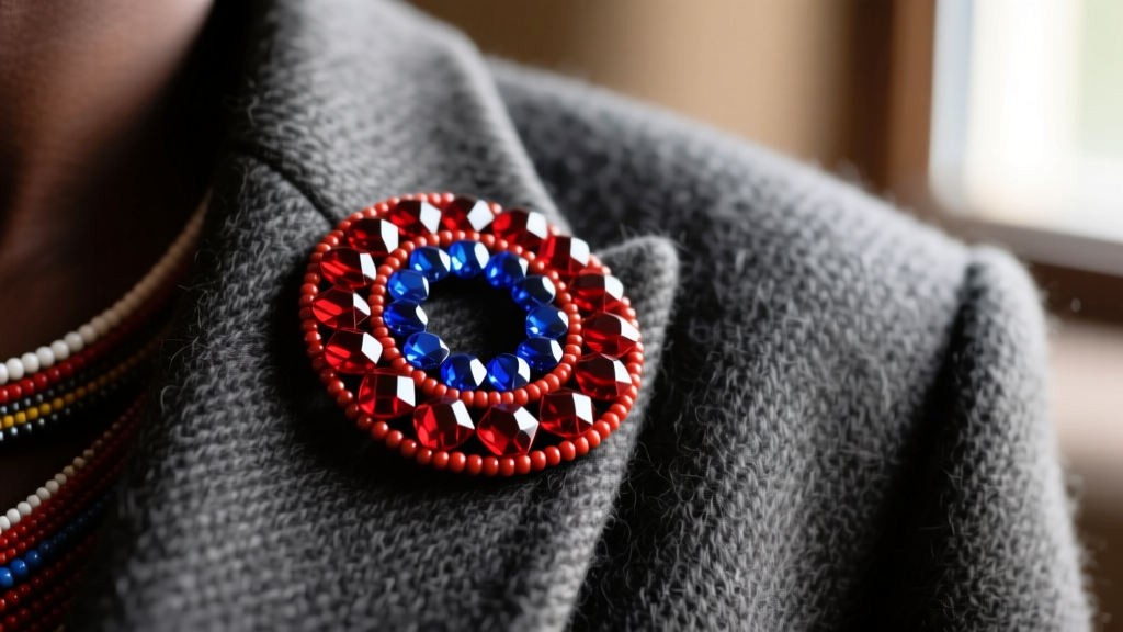 Macro shot of authentic Maasai glass beadwork in red and blue resting on a textured charcoal wool blazer lapel, sharp focus on beads.