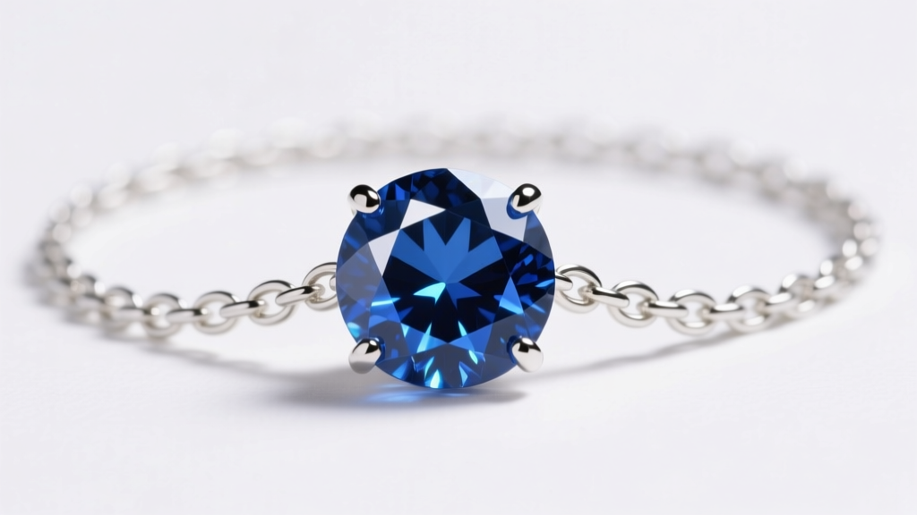 Macro shot of a bezel-set blue sapphire on a delicate 1mm white gold cable chain, highlighting the gemstone's crisp facets.