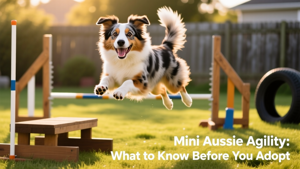 A joyful Mini Australian Shepherd leaping mid-air during agility training