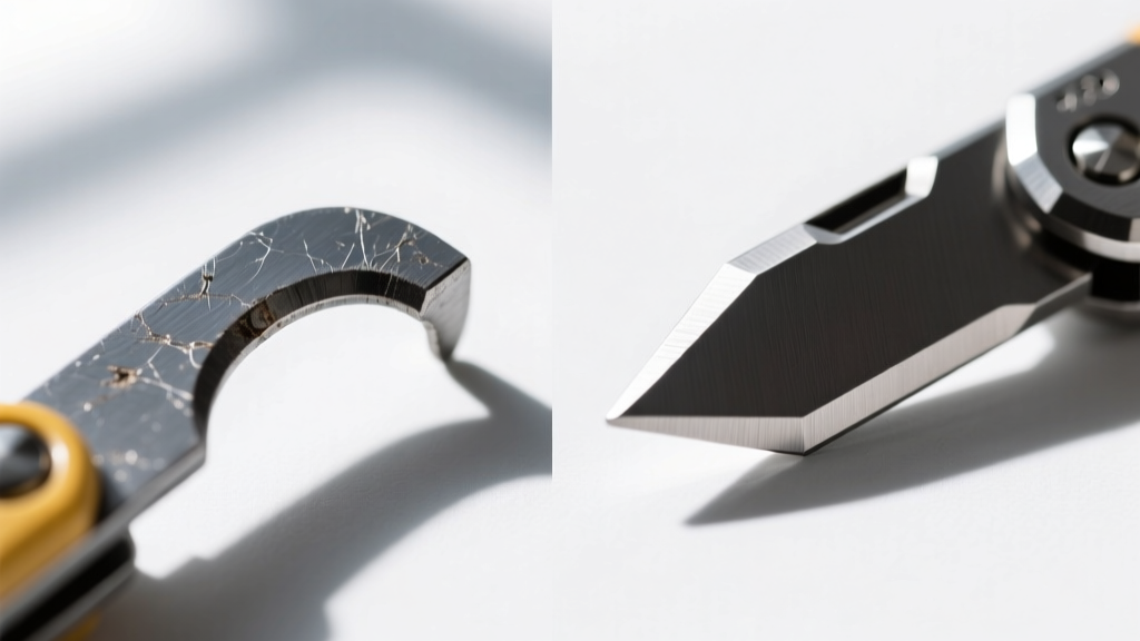 Side-by-side macro shot showing the bent flathead tip of a budget steel camp card versus the intact CNC-machined titanium edge