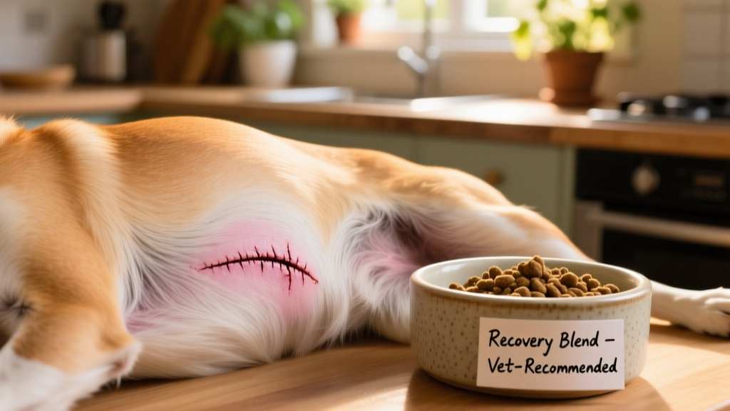 Close-up of a clean, healed surgical incision on a dog's abdomen with surrounding fur neatly clipped, next to a bowl of FurPetVo Recovery Blend food