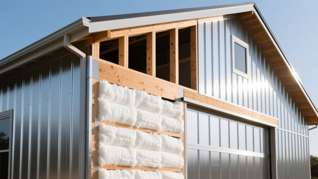 Cross-section of a post-frame barndominium wall showing steel siding, wood girts, spray foam insulation, and interior metal liner panels