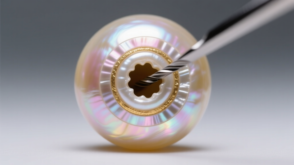 Macro photo of a vintage pearl drill hole showing concentric nacre layers, illuminated by a bright jeweler