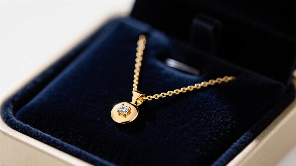 Close-up of a delicate 14k solid gold pendant necklace with a small diamond accent resting on a dark velvet jewelry display tray