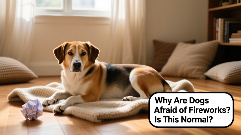 A calm dog resting in a cozy indoor space with soft lighting and a blanket, away from windows