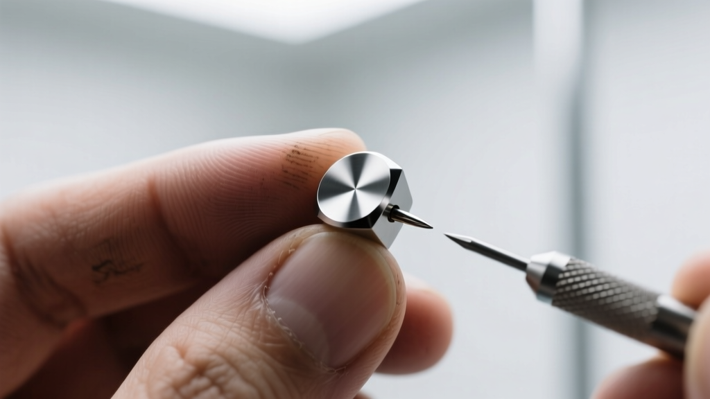 Close-up of a piercer holding an 18-gauge implant-grade implant-grade titanium flat-back stud under soft clinical lighting, macro lens.