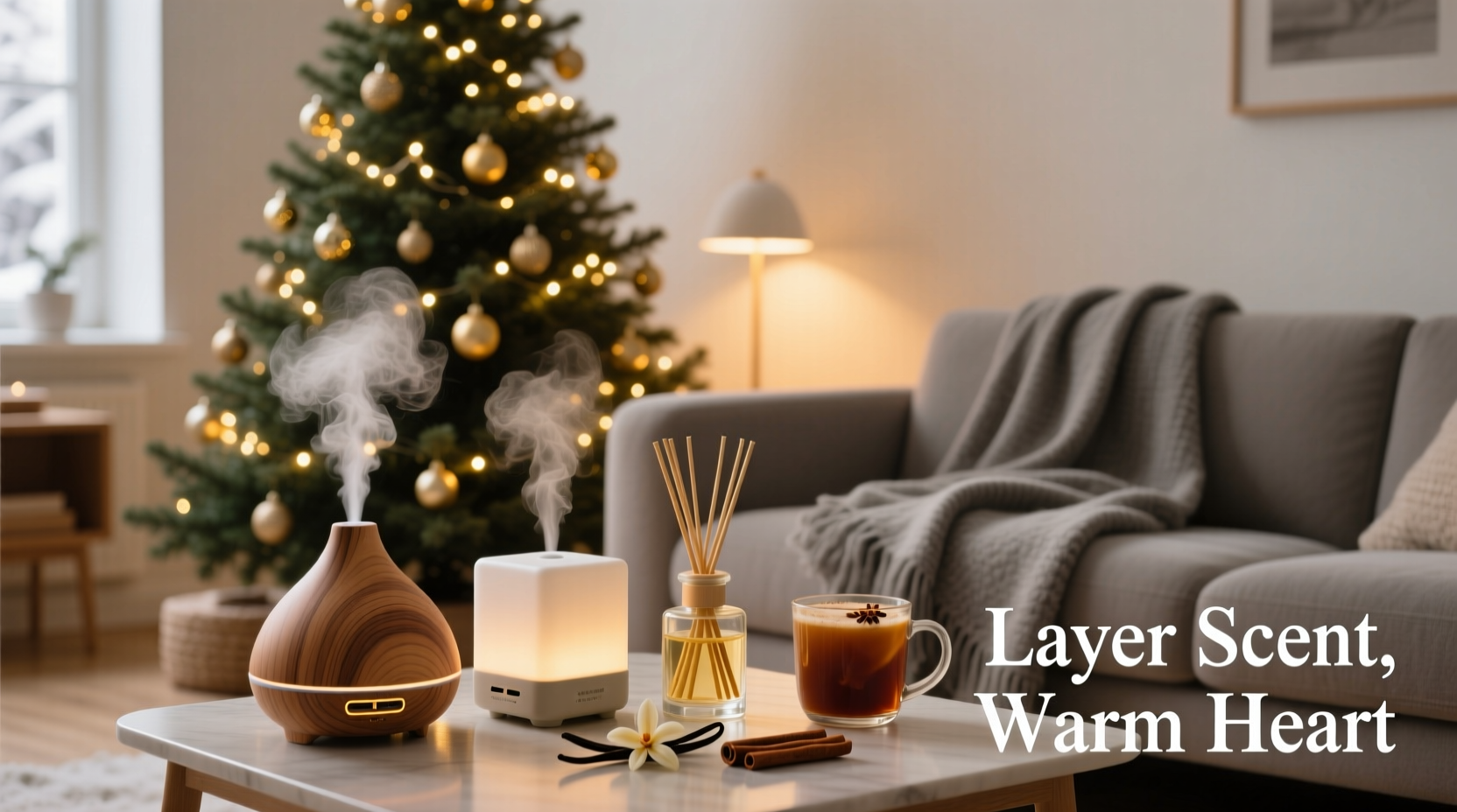 how to layer scents with diffusers and christmas tree for cozy vibes