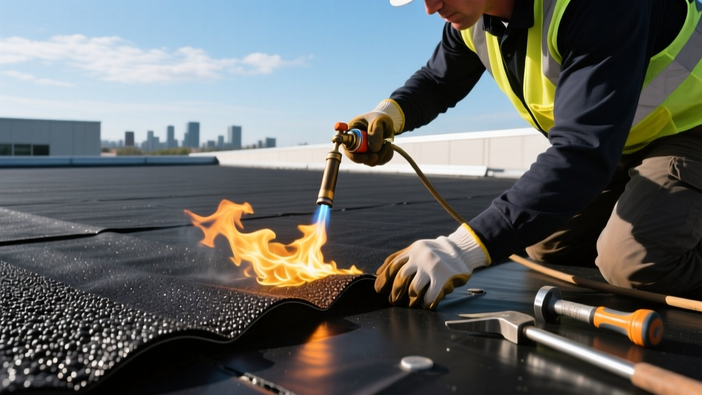 Roofing contractor using a propane torch to seal overlapping seams of dark granular modified bitumen membrane on a flat commercial roof