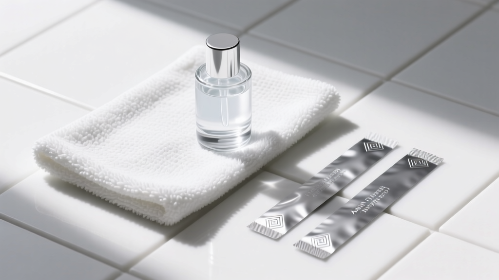 Flat lay of silver care items featuring a microfiber polishing cloth, anti-tarnish strips, and a gentle liquid silver dip bottle.