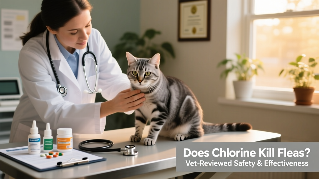 Veterinarian examining a cat during a routine check-up, with flea prevention materials visible on the exam table