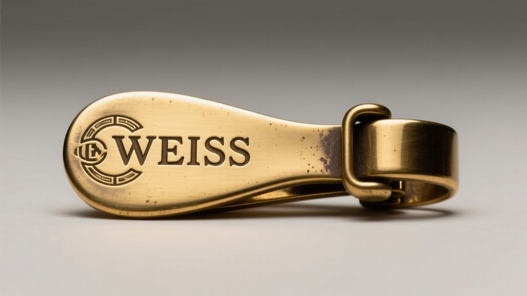 Close-up of a vintage Weiss clasp showing the WEISS hallmark stamped into the brass paddle clip under bright, focused studio light.