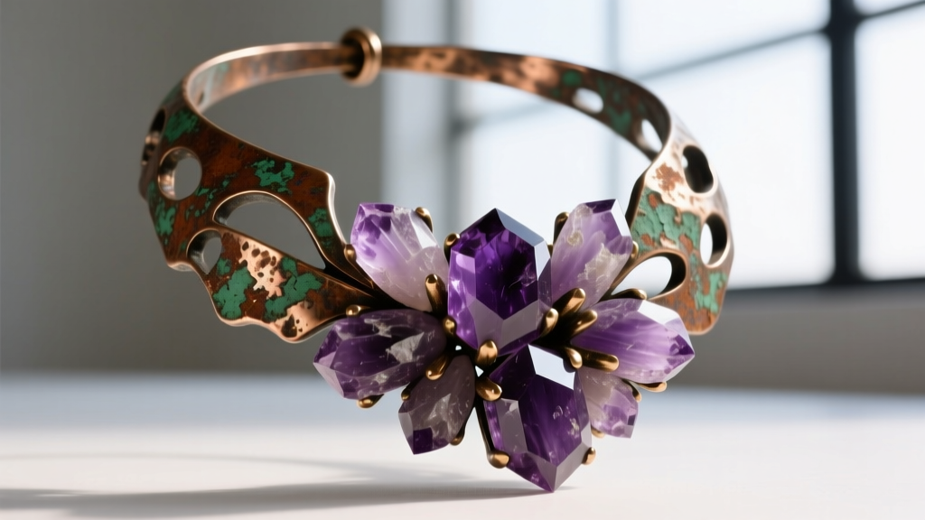 Macro shot of a sculptural Stephen Dweck necklace with raw amethyst clusters set in heavily textured, oxidized bronze metalwork.