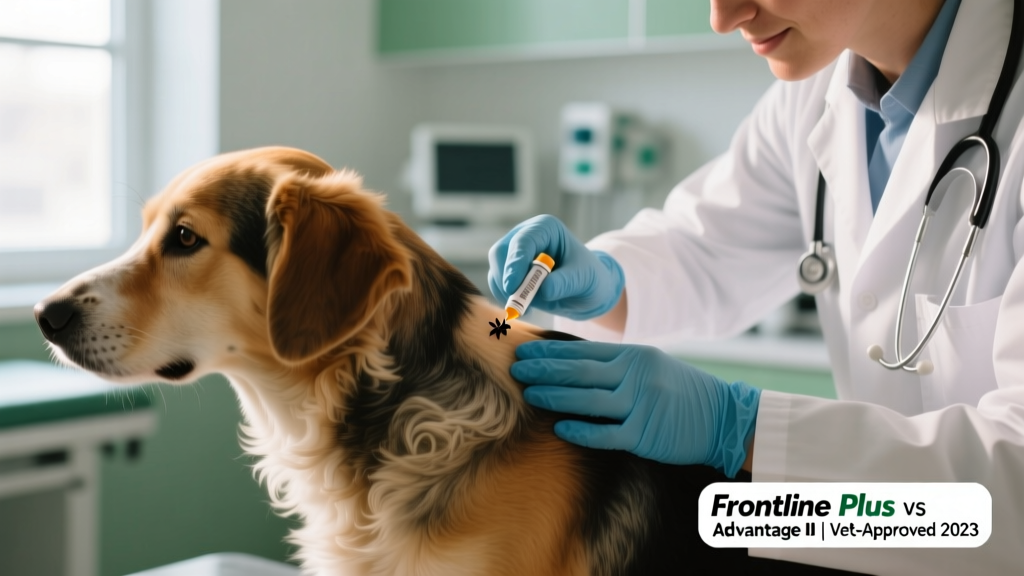 Close-up of a veterinarian applying a topical flea treatment to a dog's shoulder blades, demonstrating proper placement between the shoulder blades