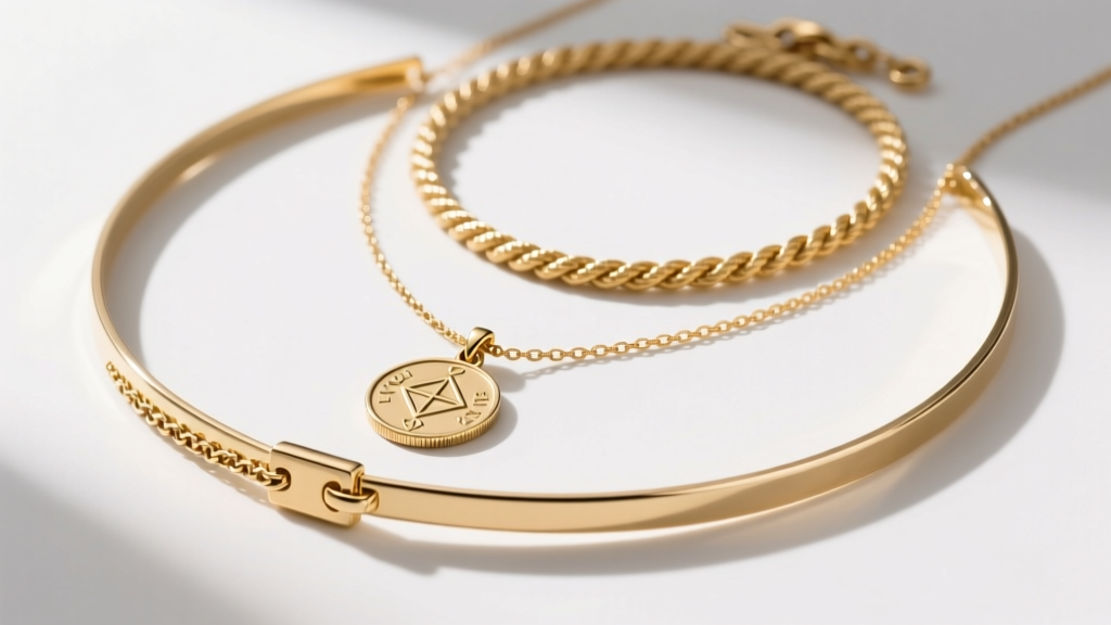 Flat lay of three layered gold necklaces of varying lengths, featuring a choker, a princess coin pendant, and a longer rope chain.