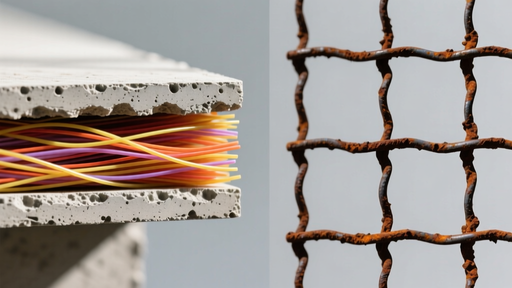 Close-up comparison of a concrete slab cross-section showing polypropylene fibers embedded throughout next to a rusted 6x6 welded wire mesh grid