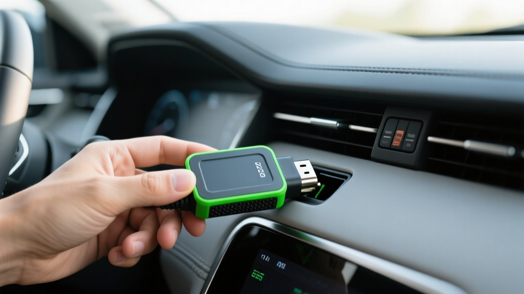 Close-up of a driver hand plugging a sleek green-accented OBD2 scanner into the diagnostic port of a 2025 hybrid SUV dashboard