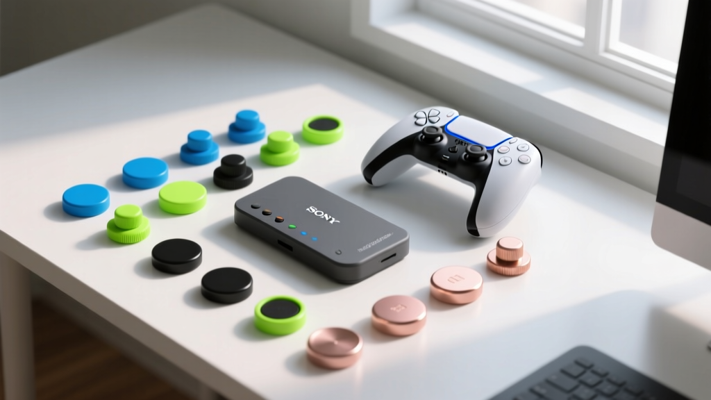 Overhead view of the Sony Access Controller on a desk showing customized flat and knob button caps alongside a standard DualSense controller