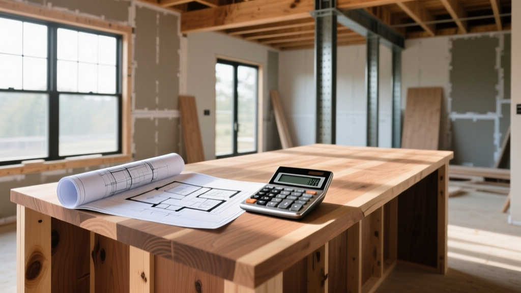 Architectural blueprints and a financial calculator resting on a raw lumber kitchen island frame inside a custom home under construction