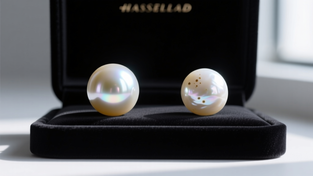 Side-by-side comparison of a high-luster Akoya pearl and a blemished freshwater pearl on a deep velvet jewelry display stand