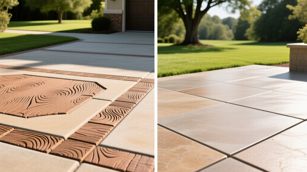 Split-screen showing a traditional stamped concrete driveway and a seamless decorative polymer overlay patio in bright sunlight