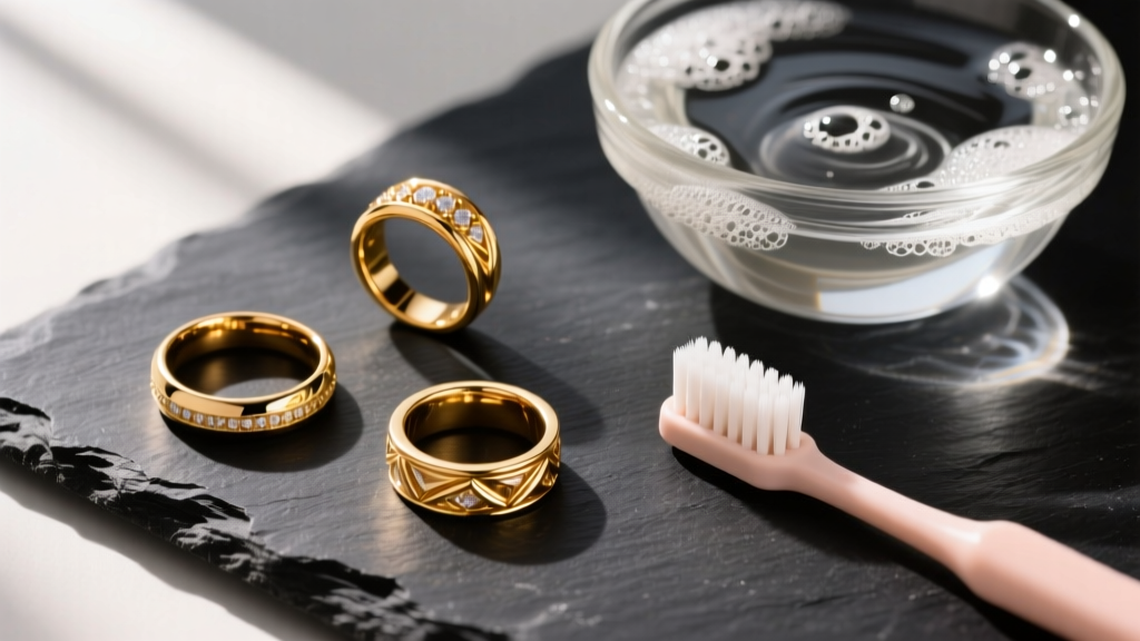 Overhead shot of 14k and 18k gold rings on dark slate next to a glass bowl of soapy water and a soft baby toothbrush