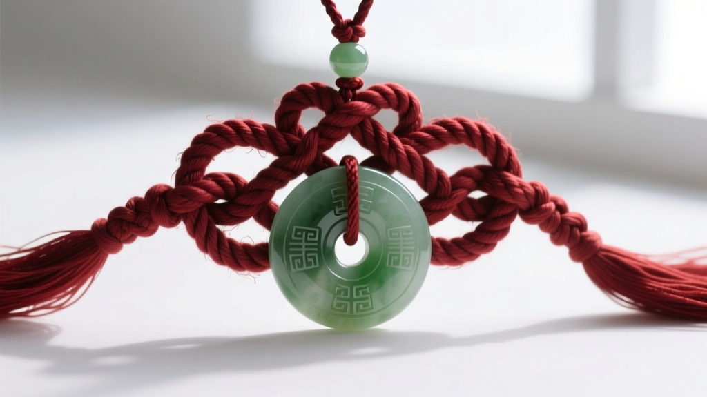 Close-up of a traditional Chinese macramé endless knot in faded crimson silk cord securing a carved nephrite jade bi-disc pendant