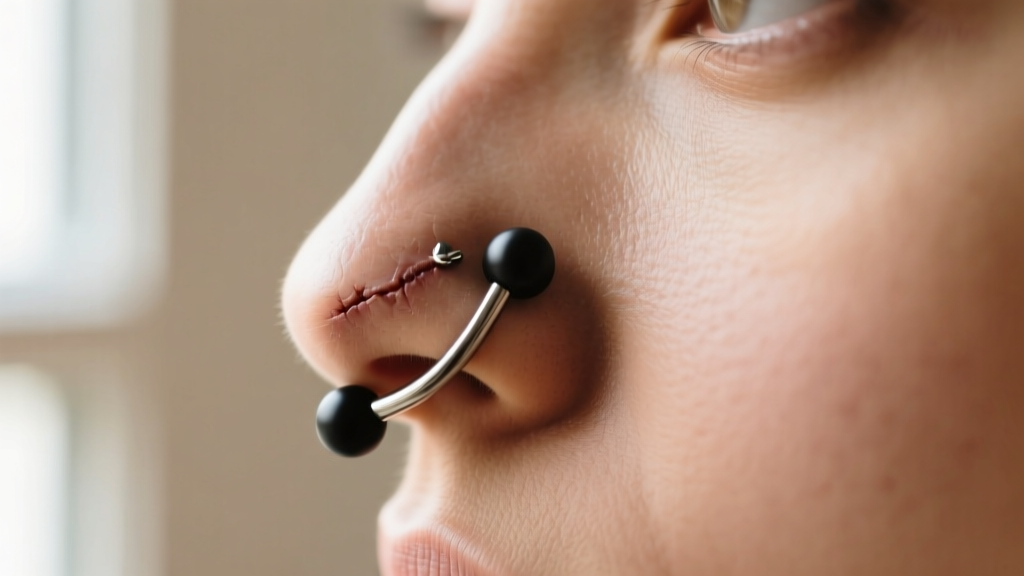 Profile view of a healed nose bridge piercing featuring a 14-gauge titanium curved barbell with matte black PVD coated ball ends