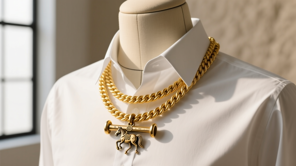 Heavy 14k yellow gold rope chain layered with an equestrian bit pendant, photographed on a mannequin wearing a crisp oxford shirt.