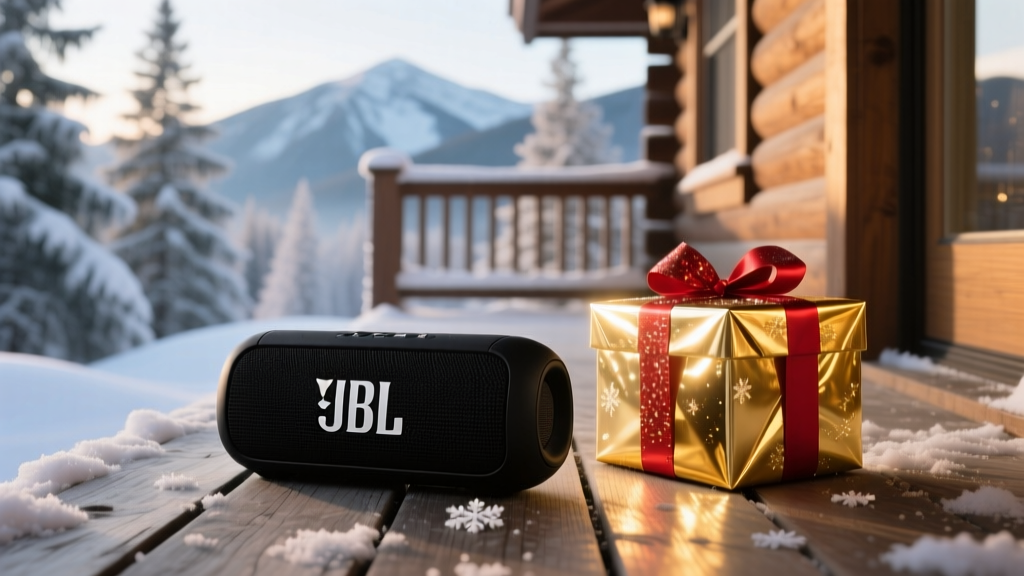 Sleek matte black JBL Xtreme 4 portable Bluetooth speaker resting on a snowy wooden cabin porch next to a glowing holiday gift box