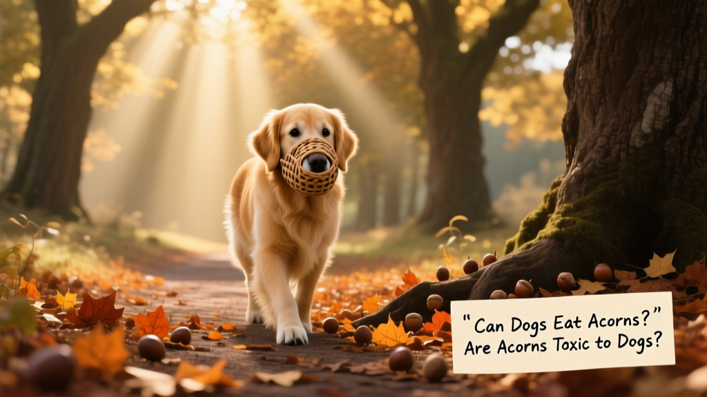 A dog wearing a basket muzzle while walking on a leafy path near oak trees