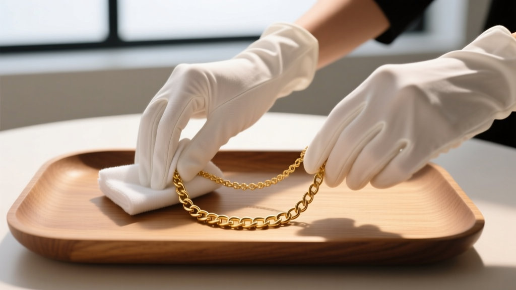 Hands in white cotton gloves gently wiping a delicate gold-tone chain necklace with a dry microfiber cloth over a wooden tray.