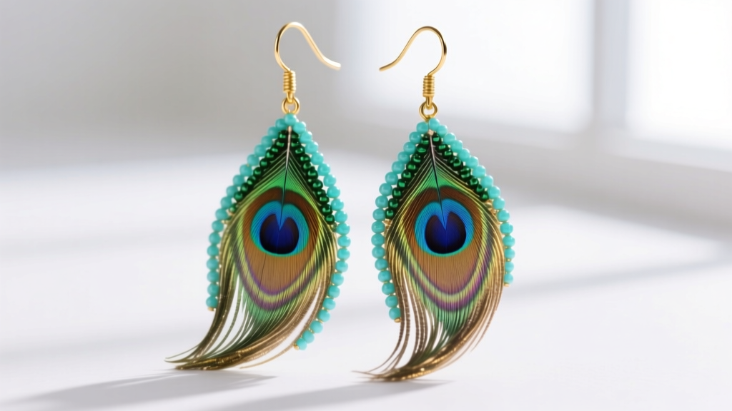 Close-up of beaded feather earrings with iridescent peacock plumes and turquoise glass seed beads on 20-gauge gold ear wires.