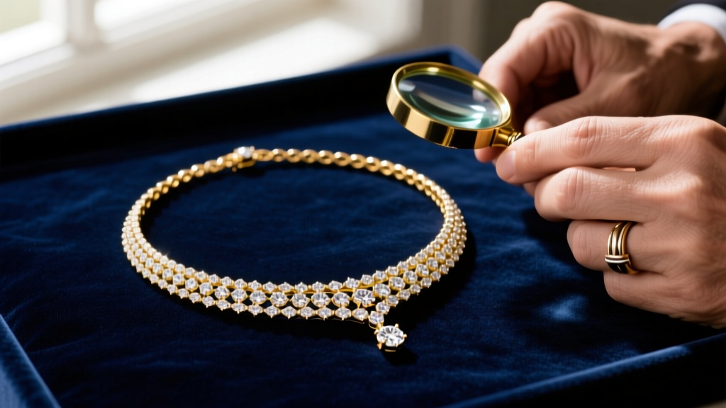 14k gold diamond tennis necklace on dark velvet next to a jeweler's loupe, illuminated by soft warm directional lighting in a studio.