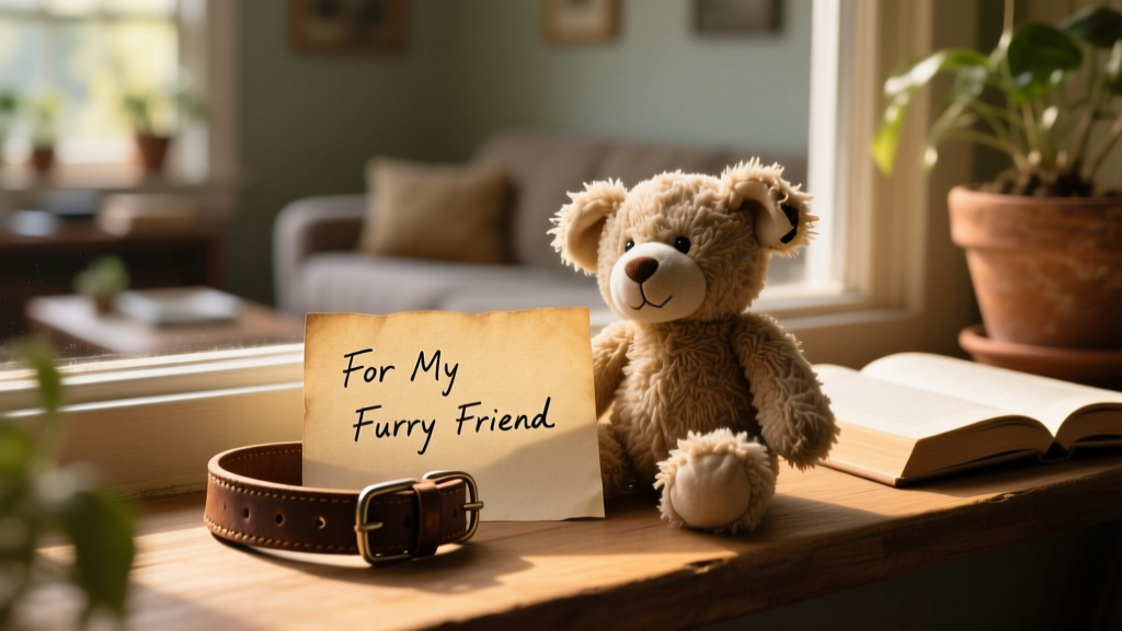 A handwritten note labeled 'For My Furry Friend' tucked beside a collar and favorite toy