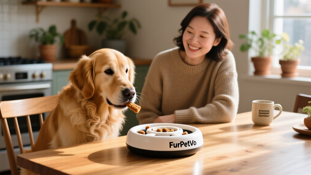 A dog calmly chewing a treat inside a FurPetVo puzzle toy while seated beside its owner at a dining table