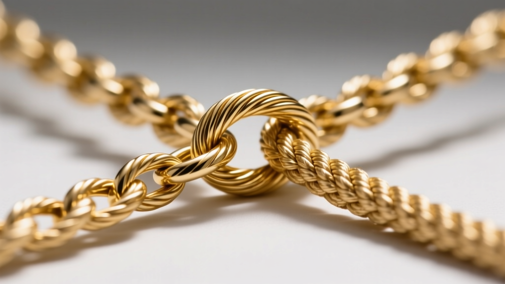 Macro photography of a 1.2mm gold cable chain intersecting with a 3.0mm gold rope chain highlighting texture and thickness