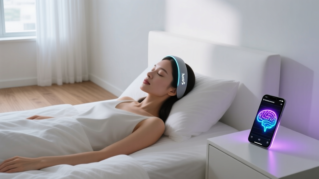 Woman wearing Muse S headband lying in dimly lit bedroom, eyes closed, smartphone displaying brainwave graphs on nightstand