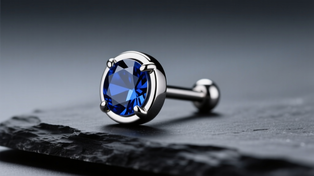 Macro shot of an implant-grade titanium labret stud with a sapphire gem on dark slate under soft, directional studio lighting