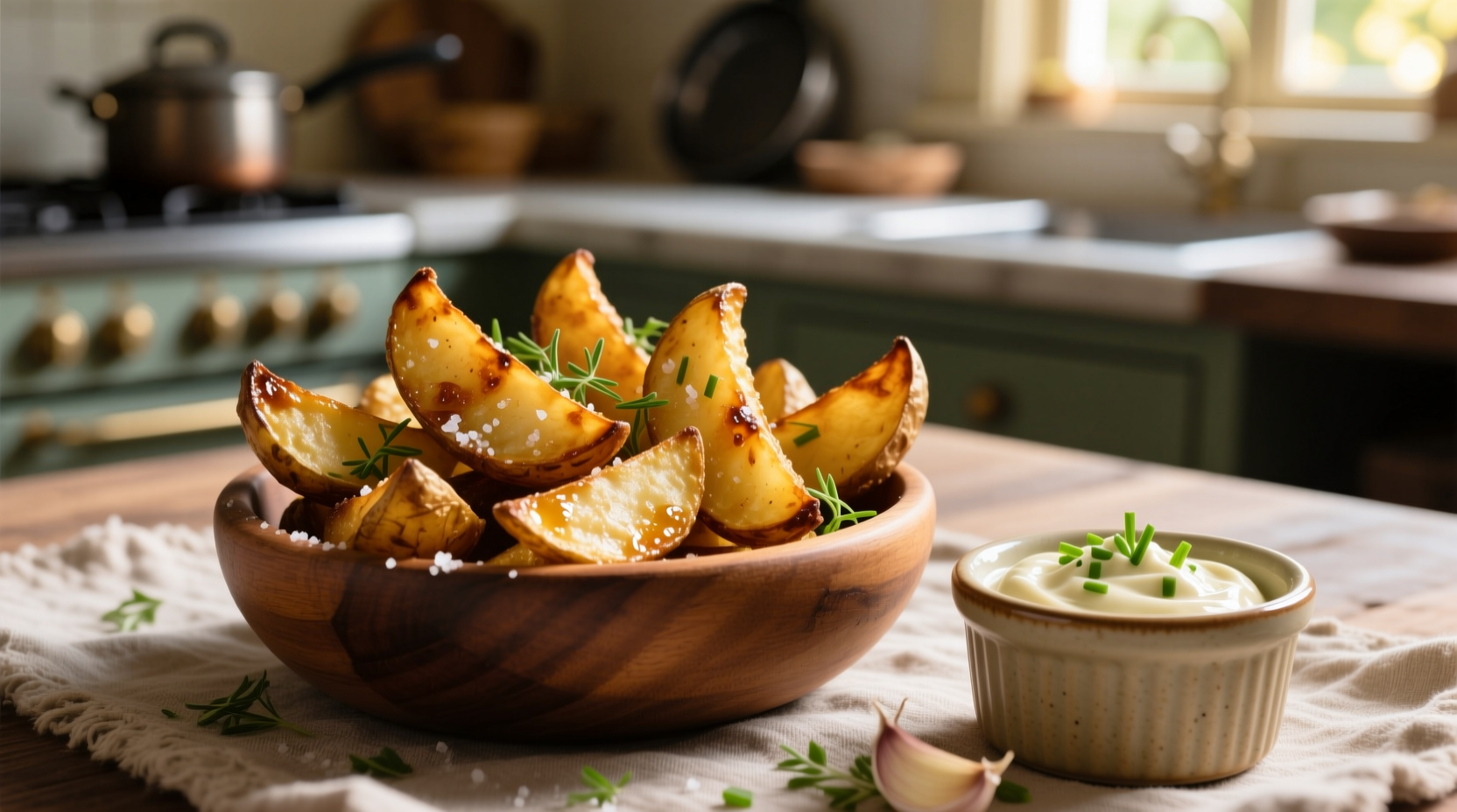 Golden brown potato wedges with dipping sauce